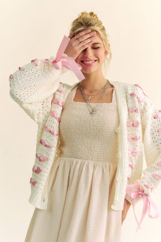 Ivory Balloon-Sleeve Cardigan With Pink-Ribbon