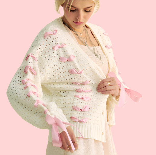 Ivory Balloon-Sleeve Cardigan With Pink-Ribbon