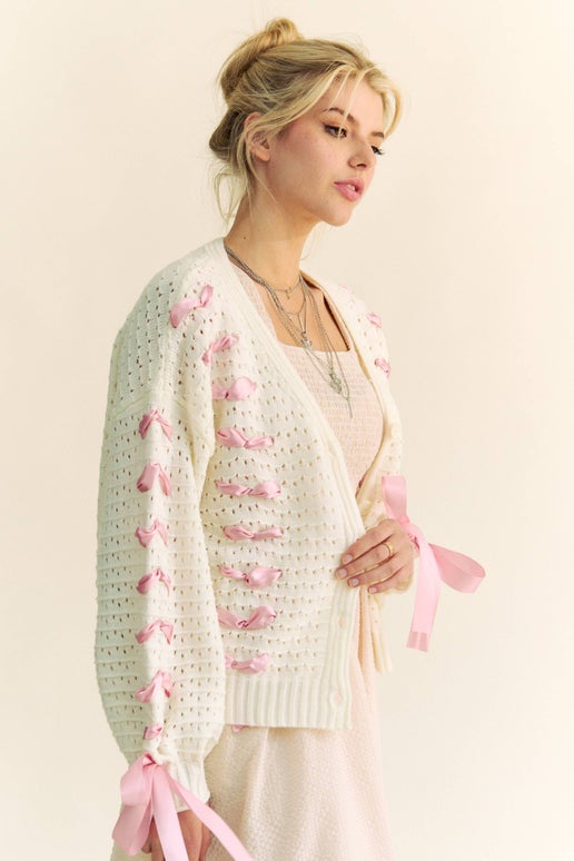 Ivory Balloon-Sleeve Cardigan With Pink-Ribbon