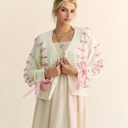 Ivory Balloon-Sleeve Cardigan With Pink-Ribbon