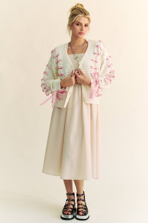 Ivory Balloon-Sleeve Cardigan With Pink-Ribbon