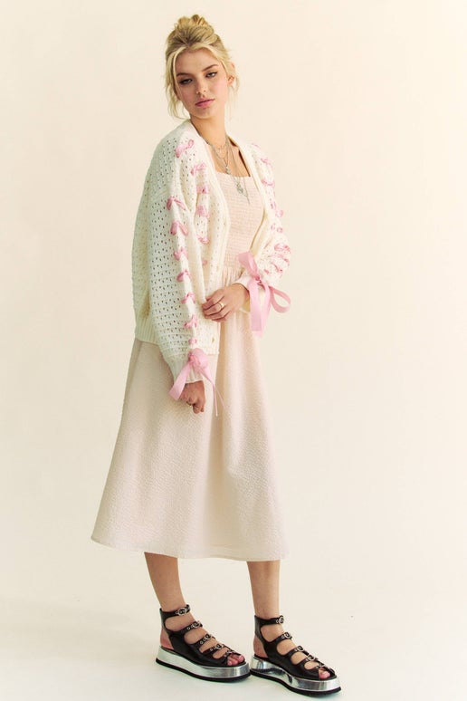 Ivory Balloon-Sleeve Cardigan With Pink-Ribbon