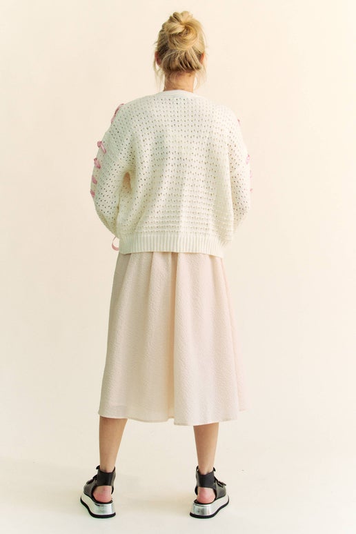 Ivory Balloon-Sleeve Cardigan With Pink-Ribbon