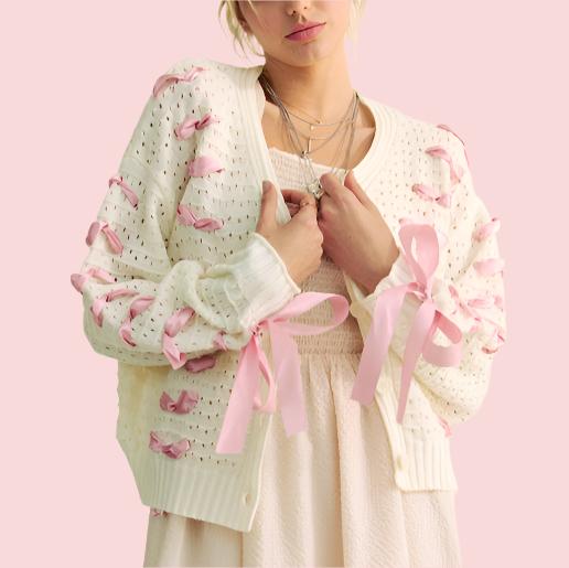 Ivory Balloon-Sleeve Cardigan With Pink-Ribbon