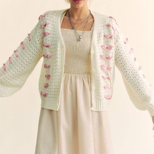 Ivory Balloon-Sleeve Cardigan With Pink-Ribbon