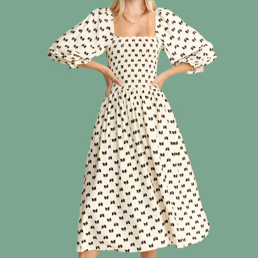 Ribbon Print Puff Sleeve Midi Dress