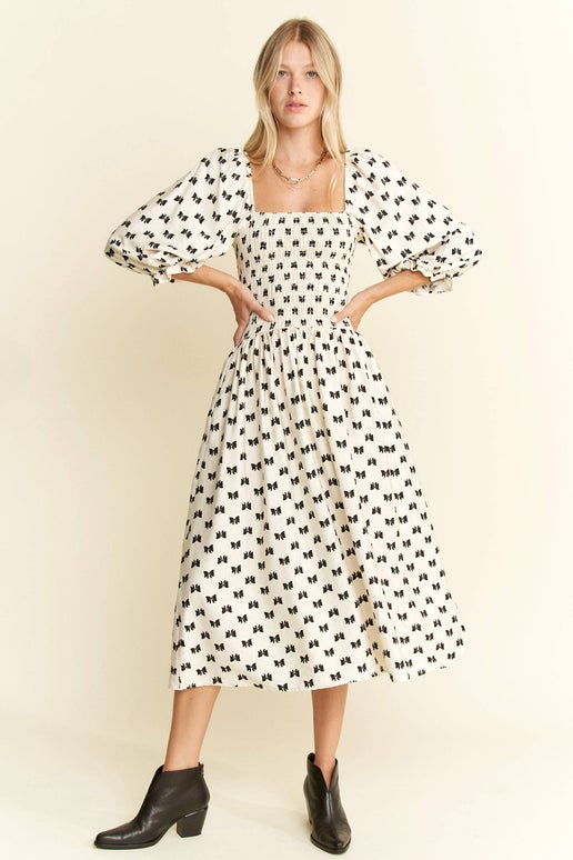 Ribbon Print Puff Sleeve Midi Dress