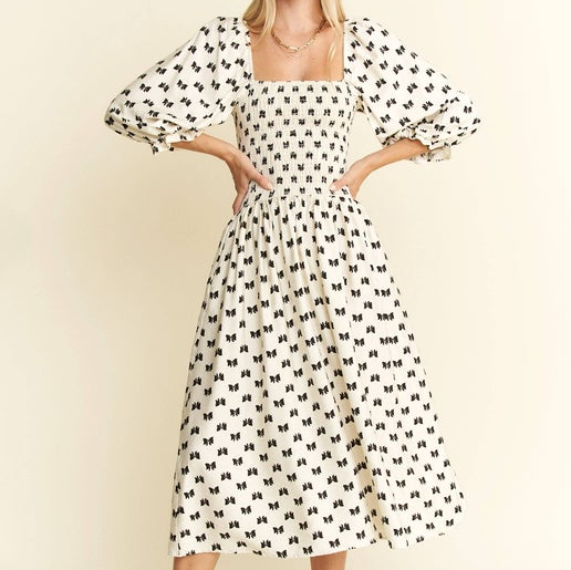 Ribbon Print Puff Sleeve Midi Dress