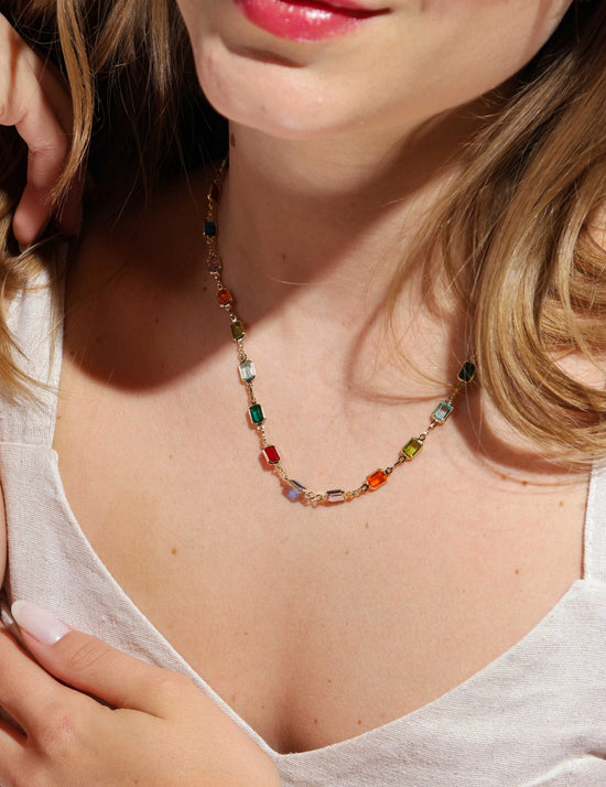 Sunburst Multi-Colored Chain Necklace  - 18k Gold Filled - Rainbow