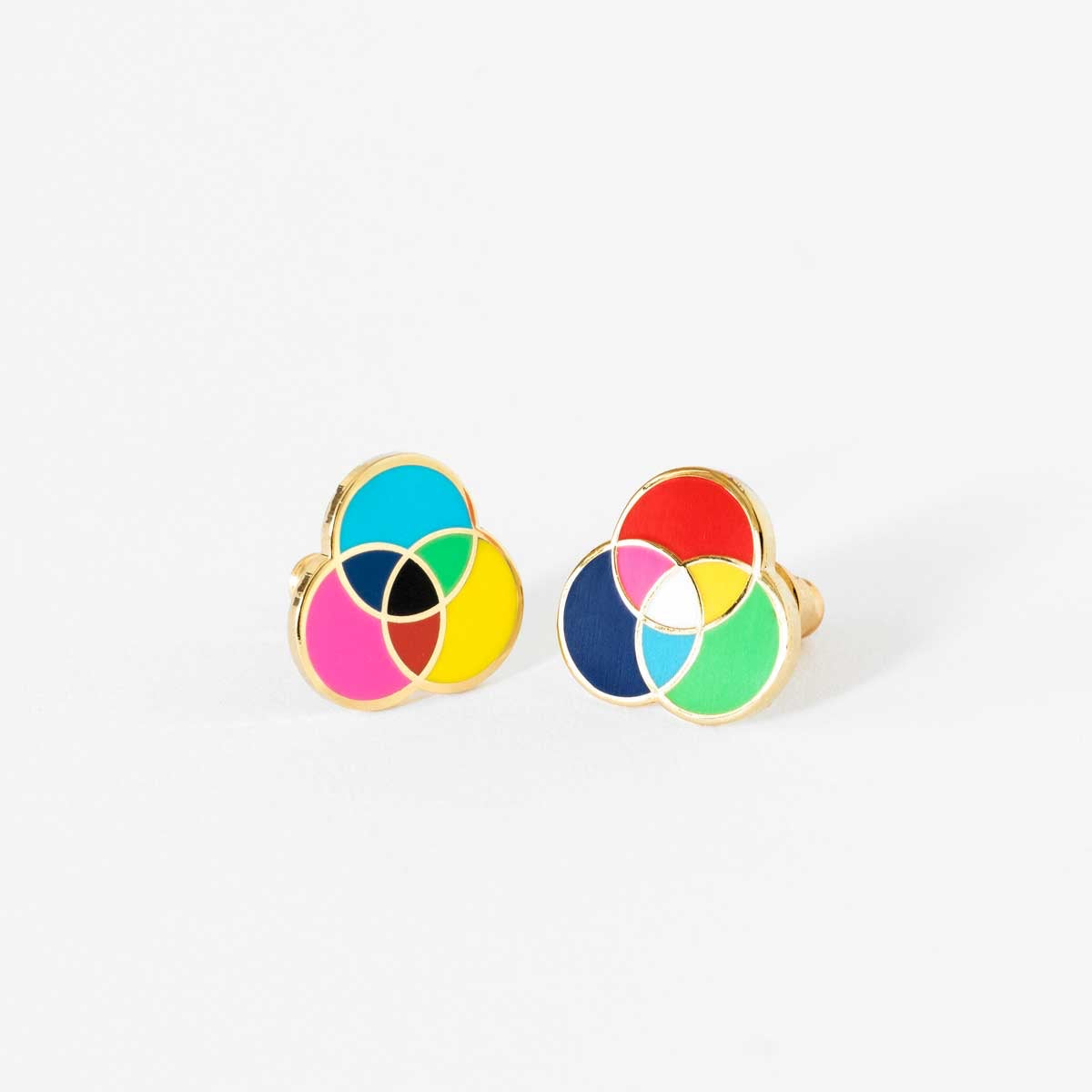 RGB and CMYK Earrings Mismatched Colorful Gold Statement Studs