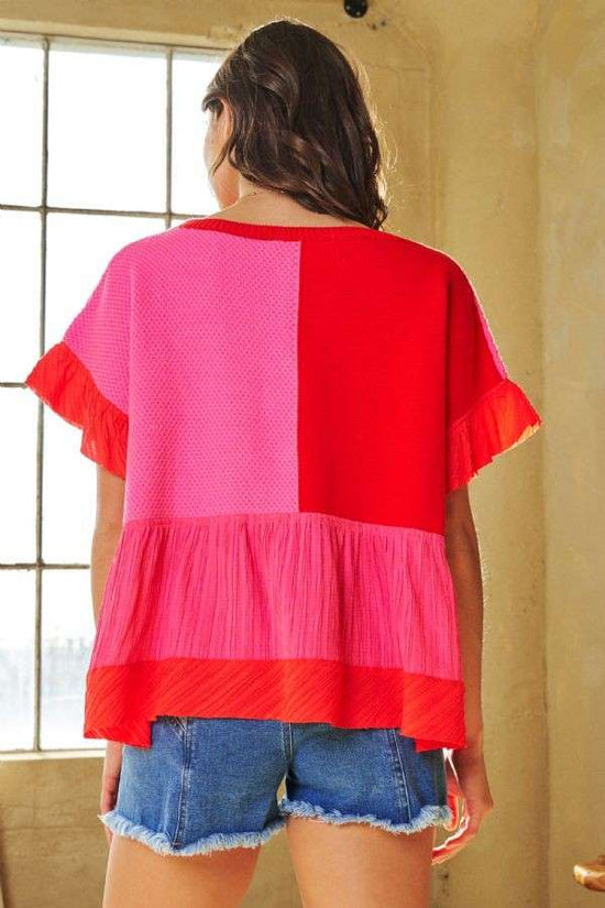 Pink & Red MixMatch Ruffle Detail Knit Top