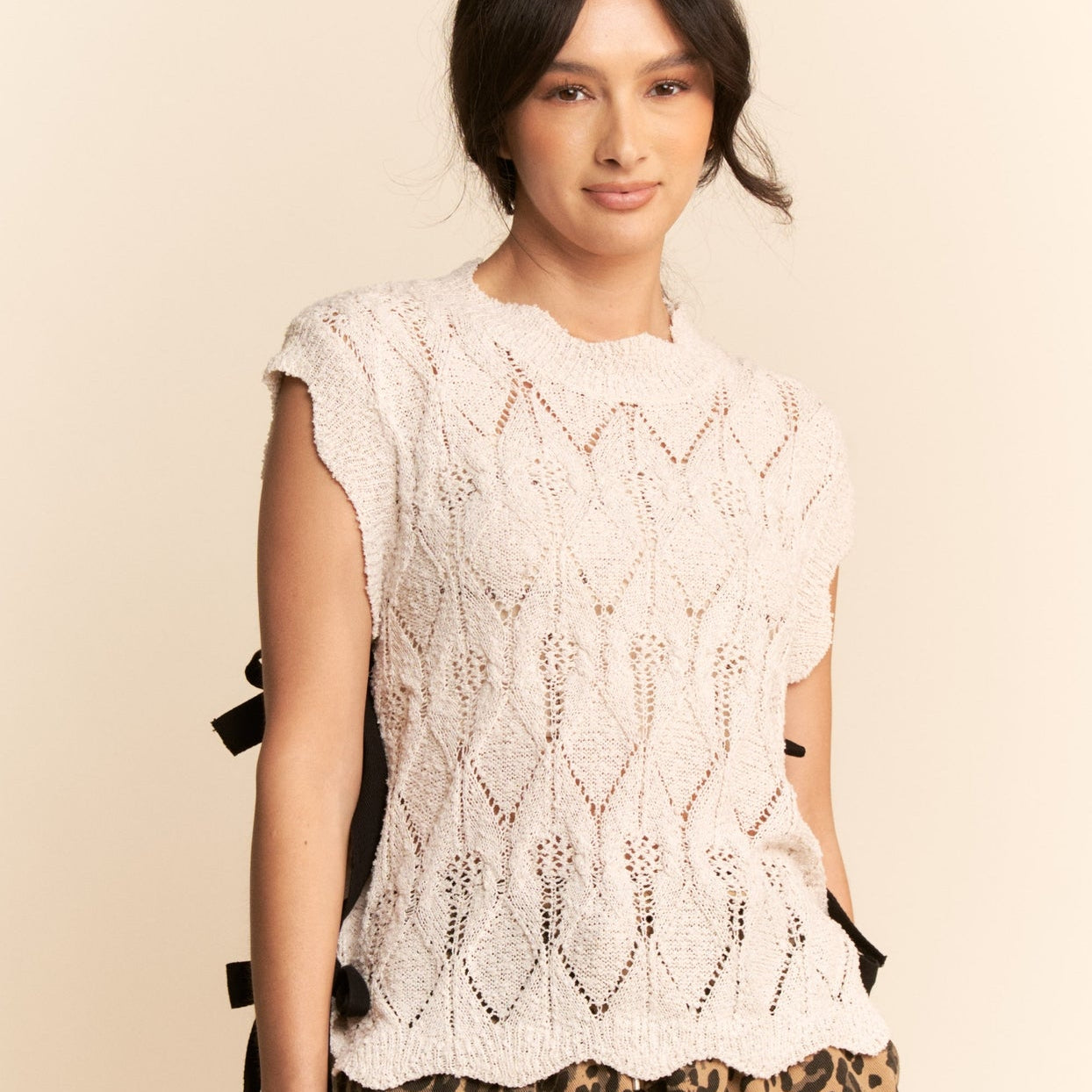Knit Sleeveless Top W/ Ribbon-Tied Sides