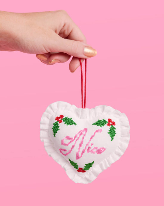 Naughty or Nice Cross Stitch Heart Christmas Ornament