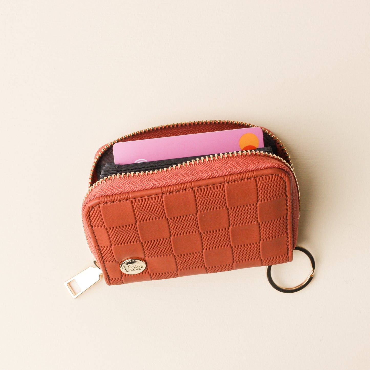 Zip Around Card Wallet - Cognac Check