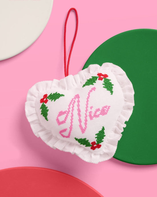 Naughty or Nice Cross Stitch Heart Christmas Ornament