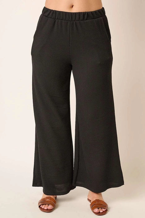 Rib Knit Texture Wide Leg Pants - Black - Size S-2X