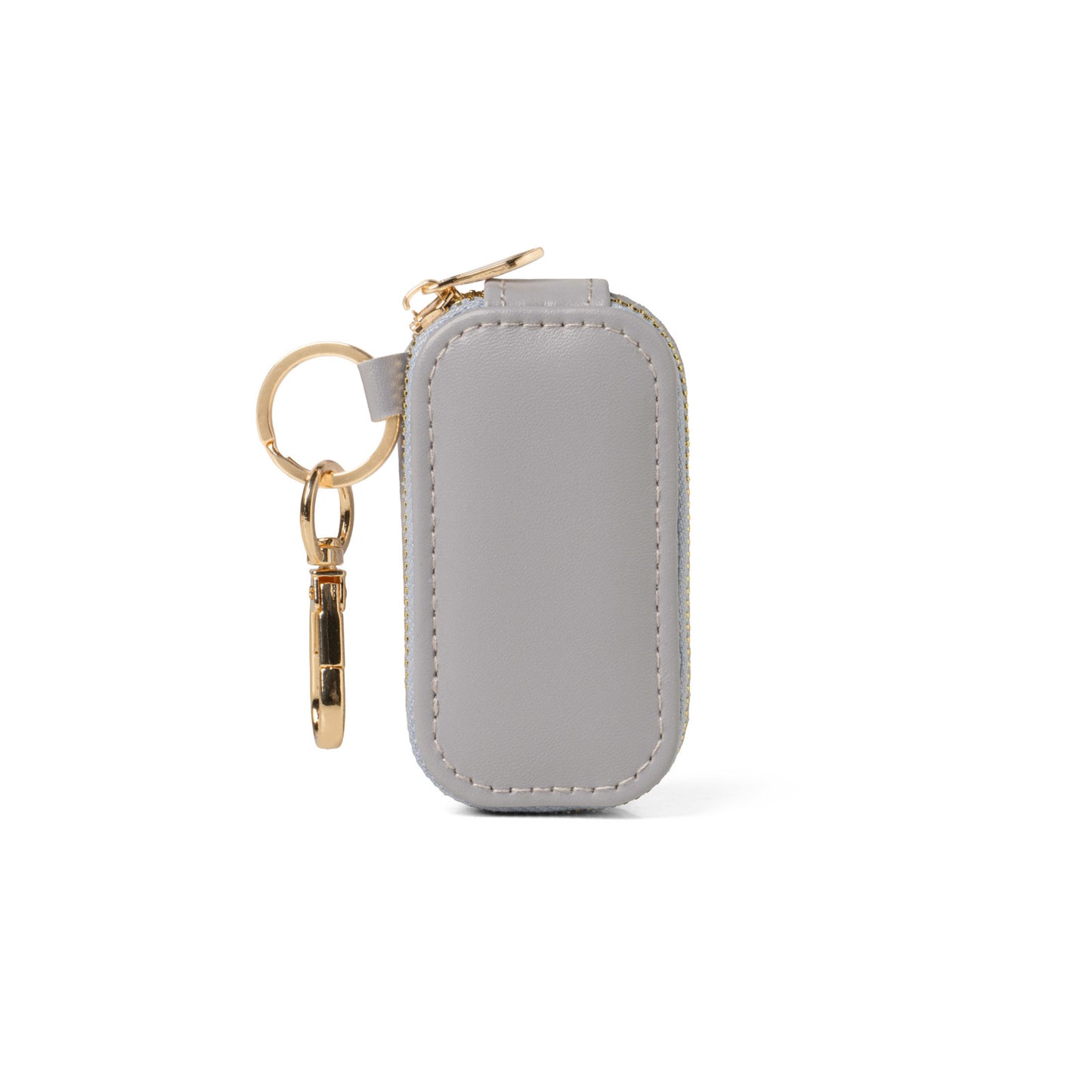 Blue keychain pouch with gold keychain on a white background
