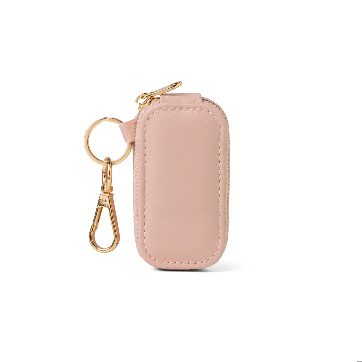 Pink keychain case with gold clip on a white background
