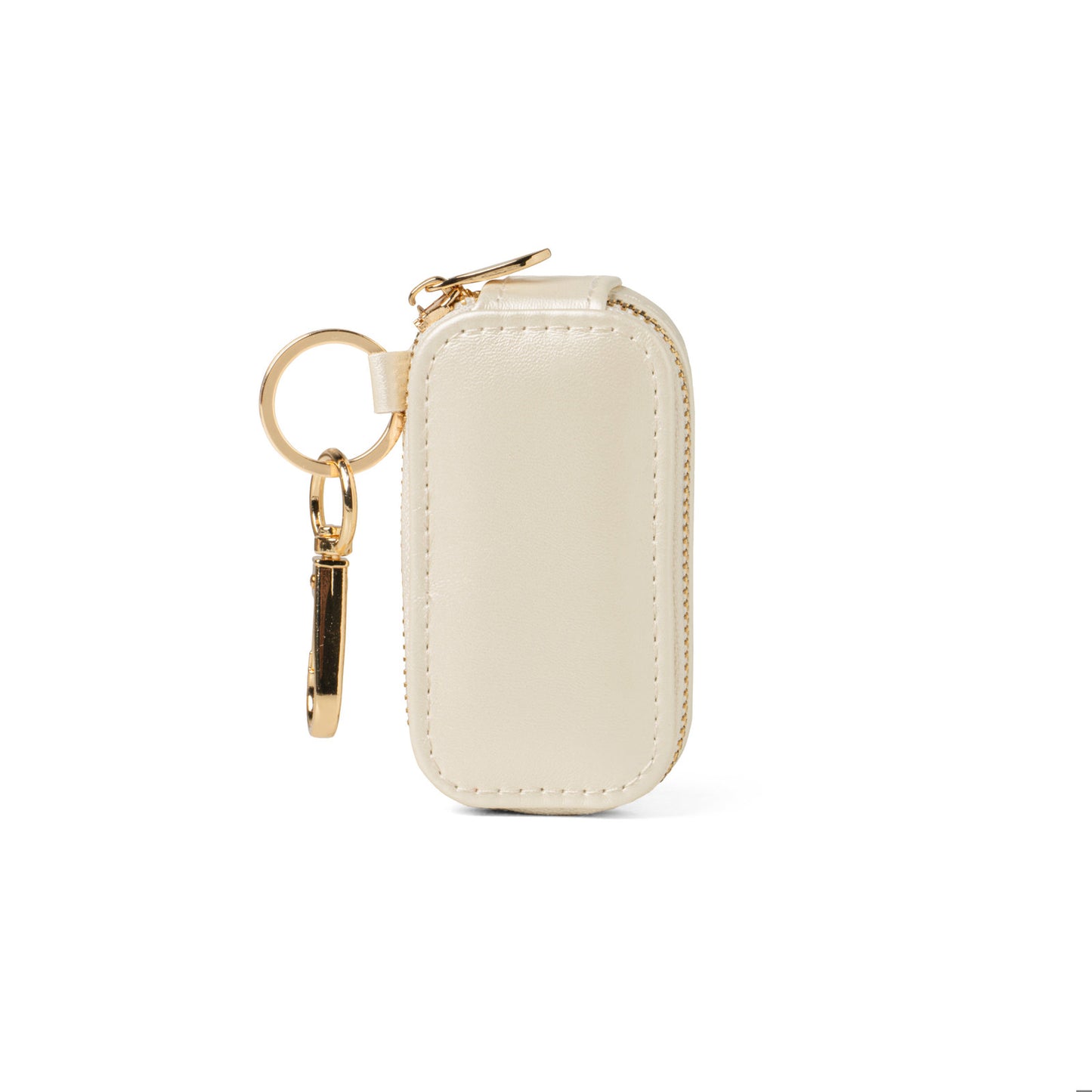 Beige keychain case with gold ring on a white background