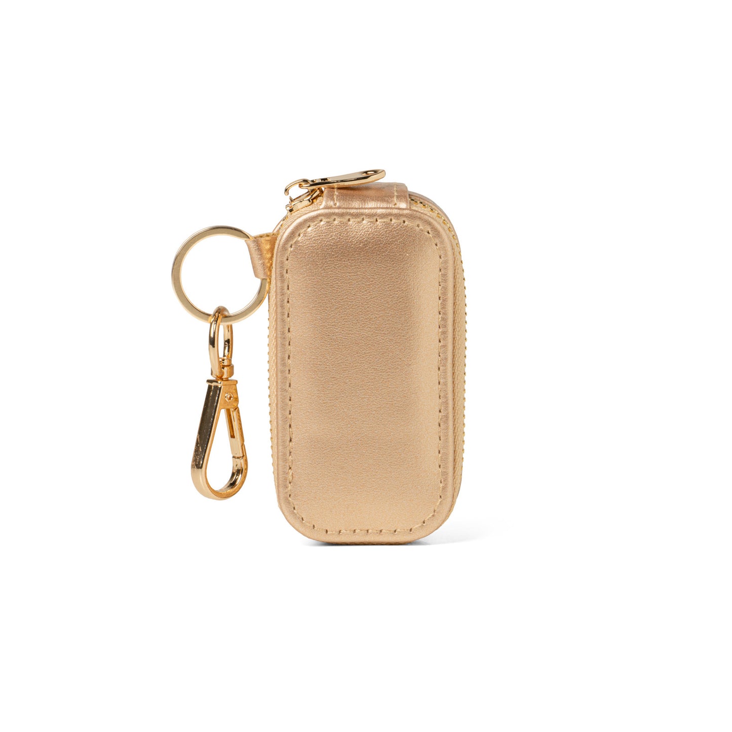 Gold keychain case with a keyring on a white background