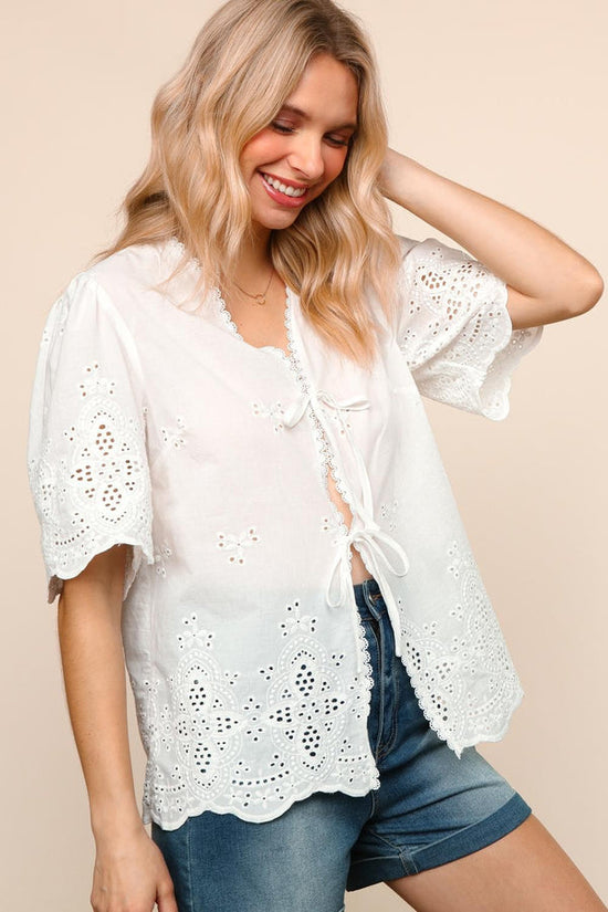 White Eyelet Lace Tie-Front Top