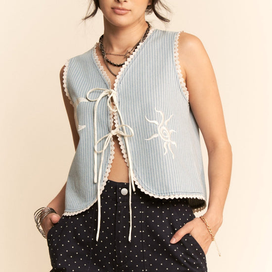 Moon & Sun Striped Denim Tie-Front Vest