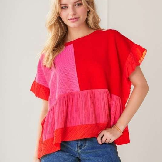 Pink & Red MixMatch Ruffle Detail Knit Top