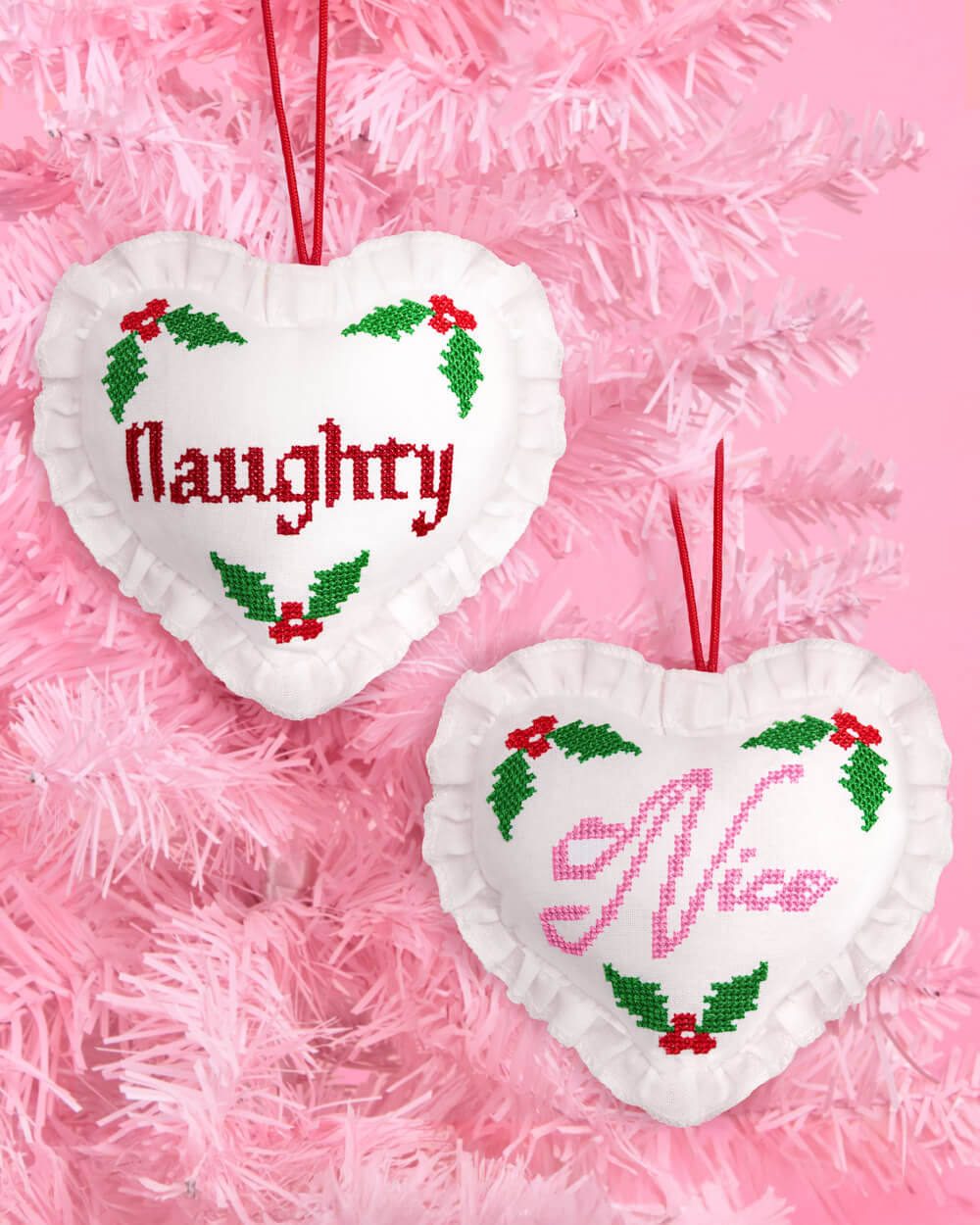 Naughty or Nice Cross Stitch Heart Christmas Ornament