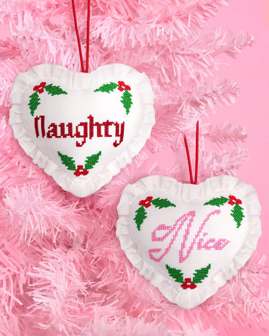 Naughty or Nice Cross Stitch Heart Christmas Ornament