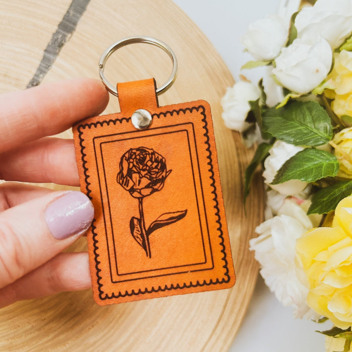 Peony Stamp Leather Keychain