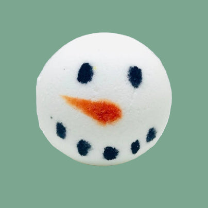 White, round, snow man face with black dots for eyes and teeth, and an orange carrot nose, on a light green background