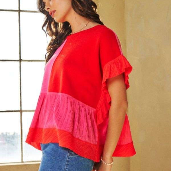 Pink & Red MixMatch Ruffle Detail Knit Top