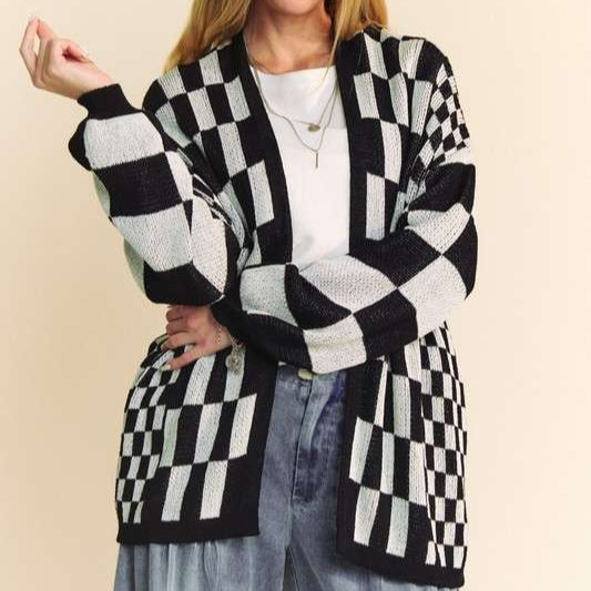 Lightweight Checkerboard Open Cardigan