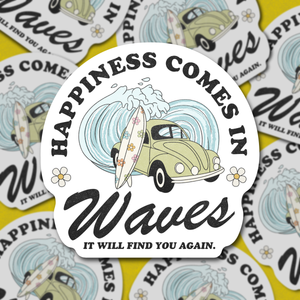Happiness comes in waves, retro bug car w surfboard, sticker